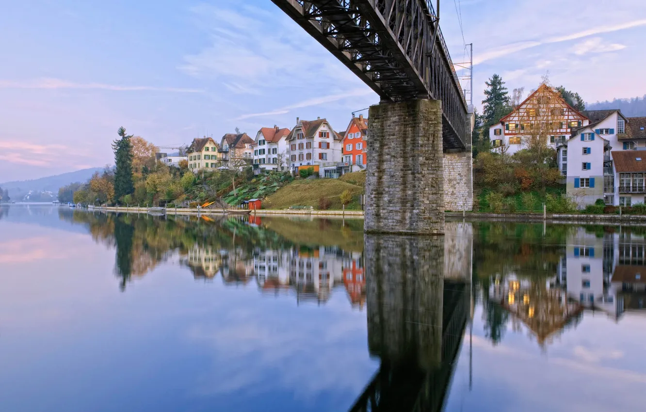 Photo wallpaper the sky, landscape, mountains, bridge, river, home, support