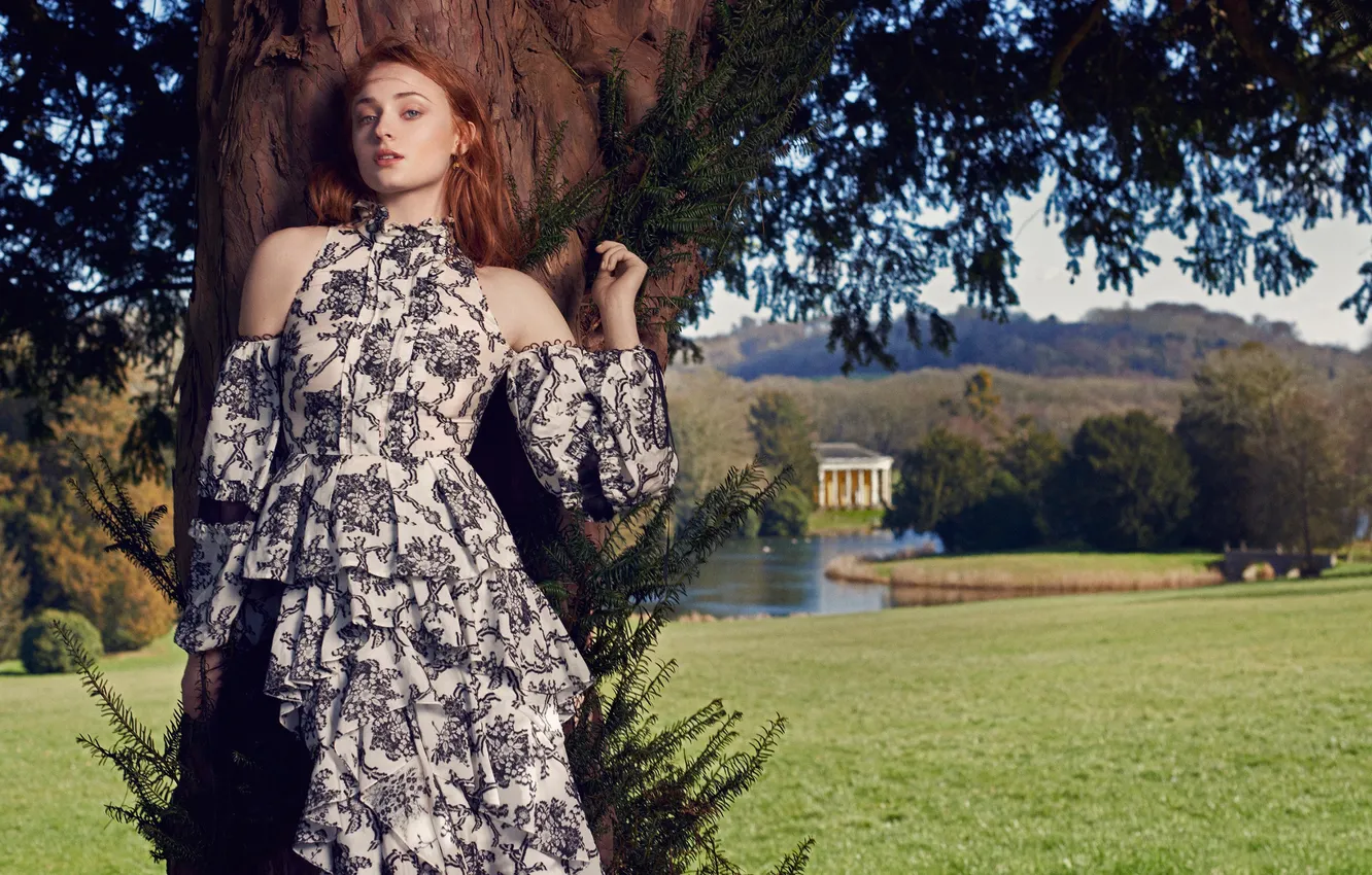 Photo wallpaper landscape, nature, tree, dress, actress, hairstyle, photographer, redhead