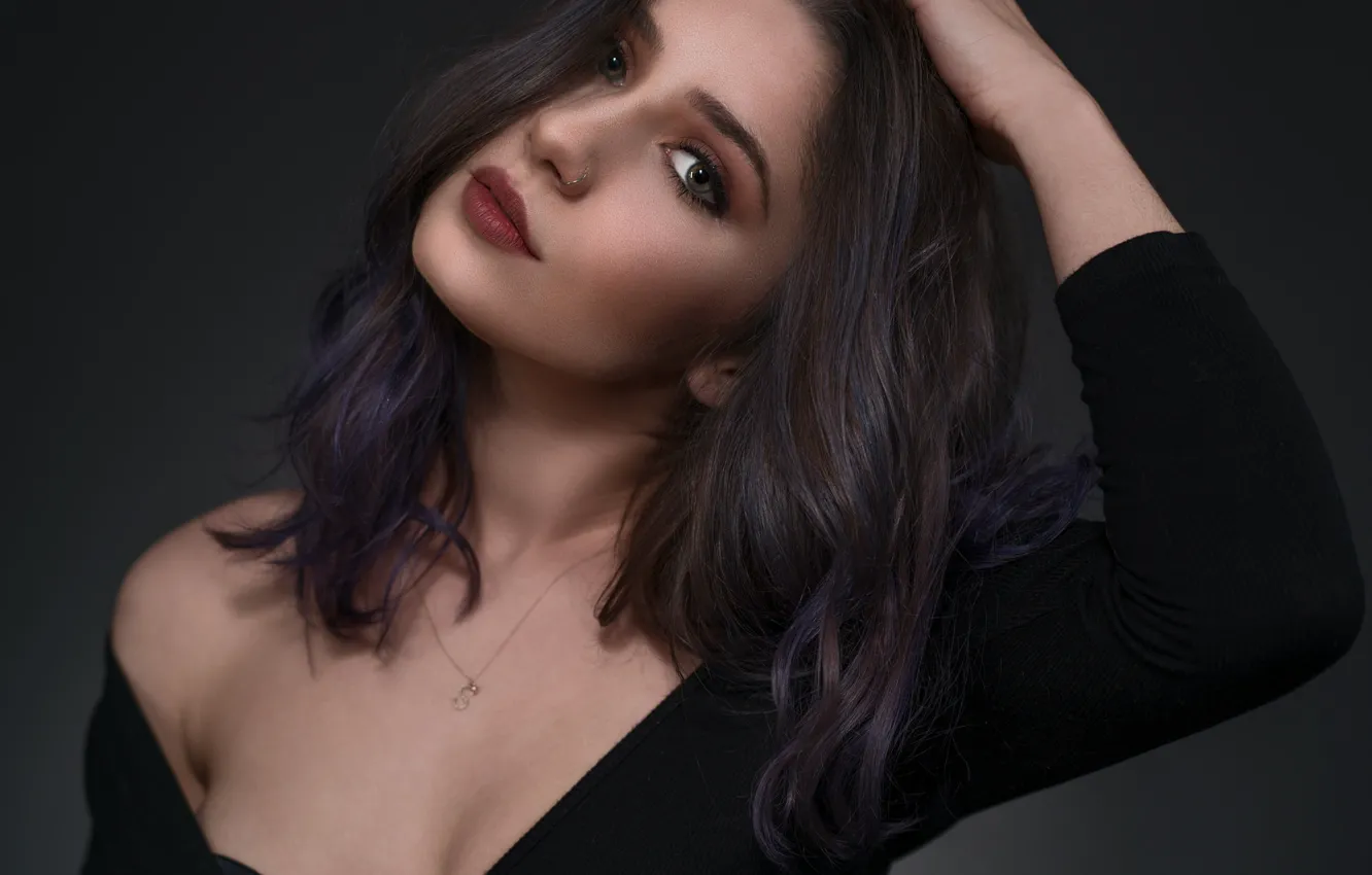 Photo wallpaper look, pose, background, portrait, makeup, dress, brunette, hairstyle