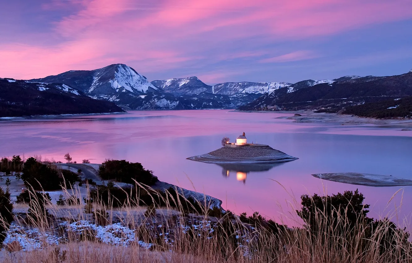 Photo wallpaper lights, twilight, sky, landscape, nature, sunset, France, mountains