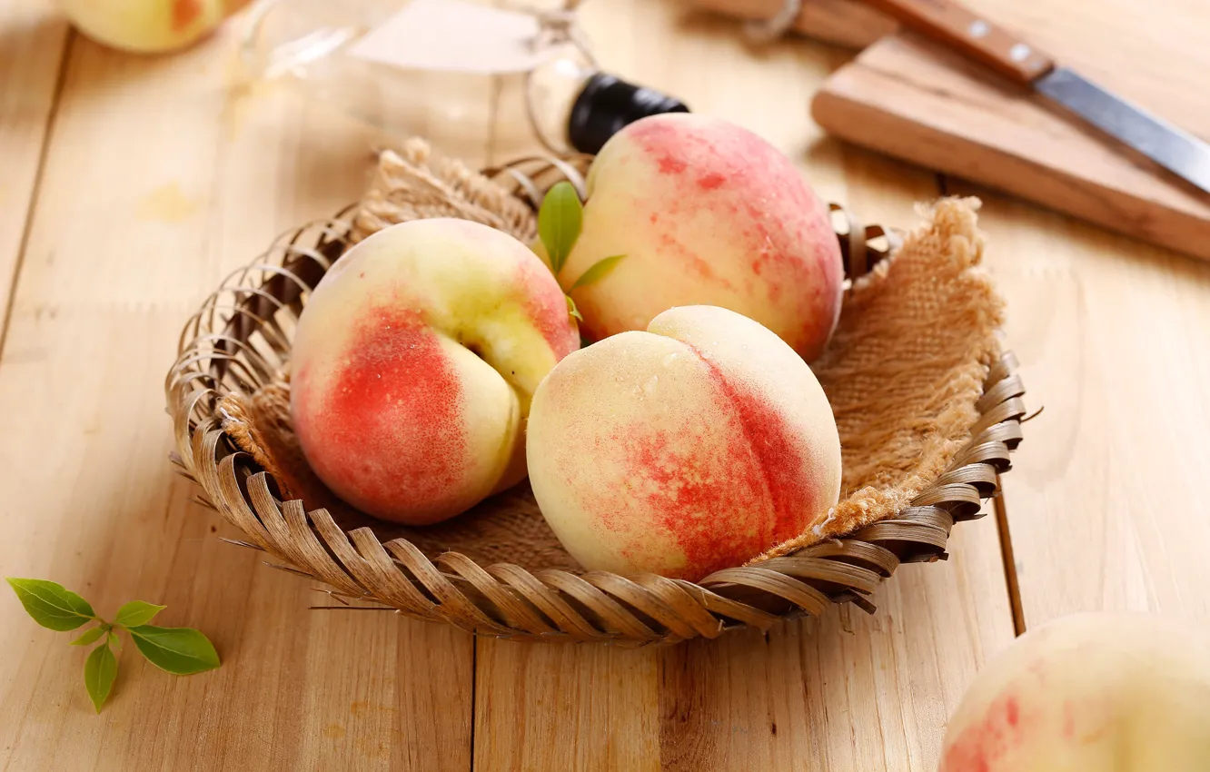 Photo wallpaper fruit, basket, peach, leaves