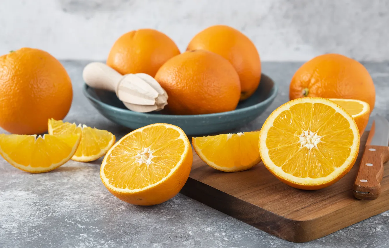 Photo wallpaper table, orange, plate, knife, fruit, halves, slices, composition