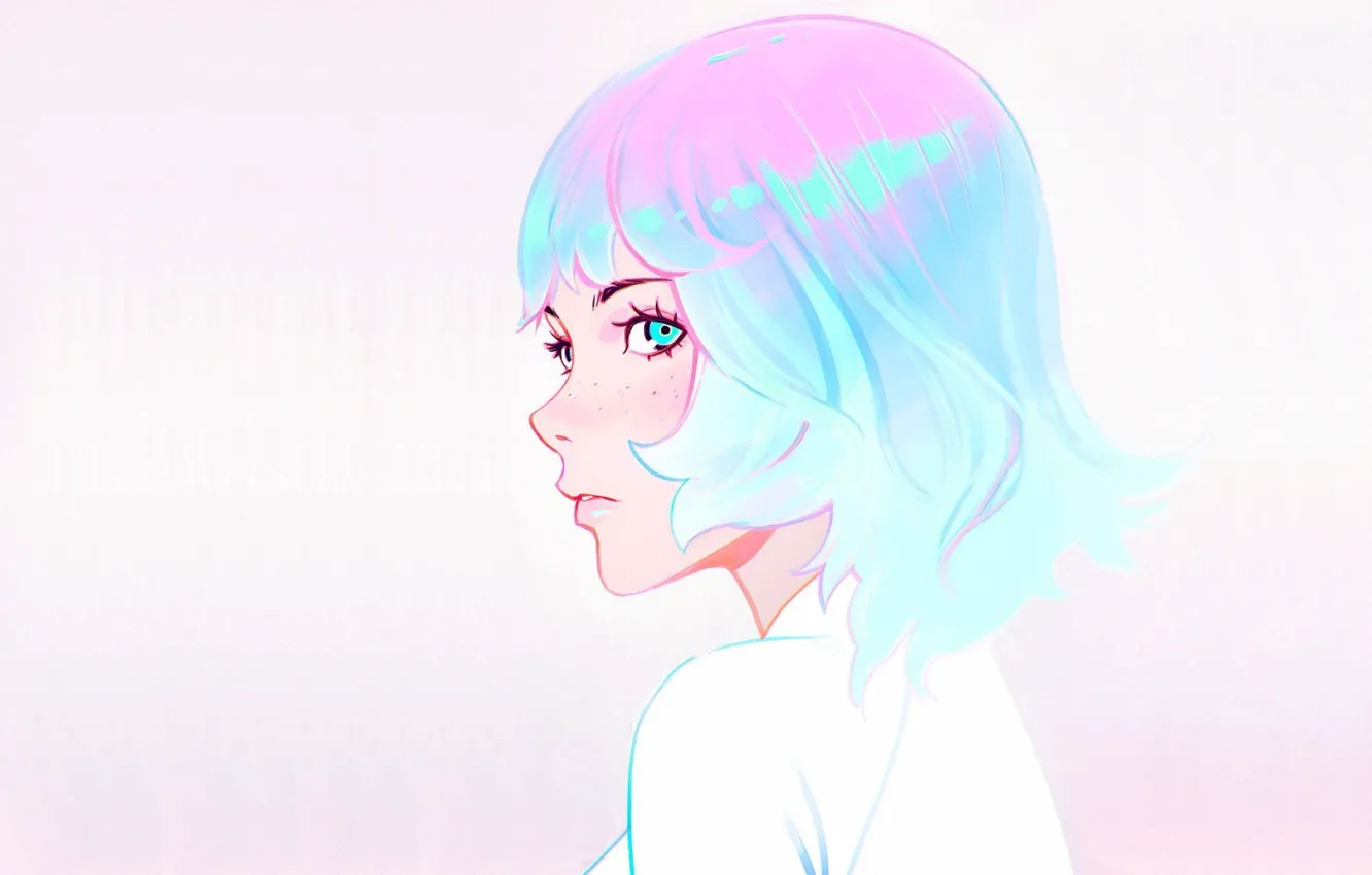 Photo wallpaper haircut, freckles, profile, blue hair, bangs, portrait of a girl, Ilya Kuvshinov