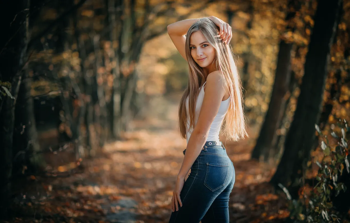 Photo wallpaper autumn, forest, look, girl, nature, pose, hair, figure