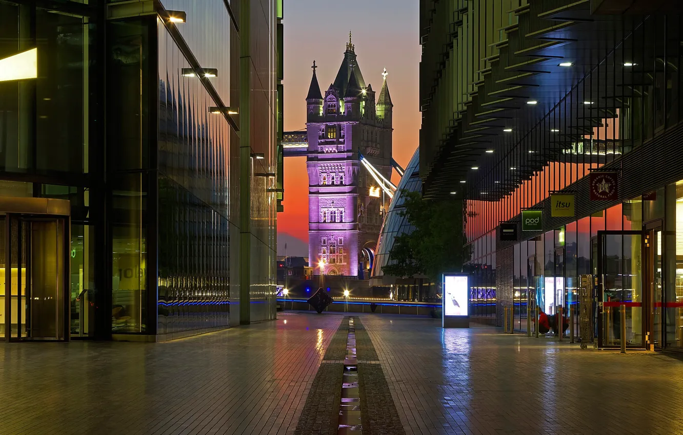 Photo wallpaper night, lights, street, England, London, tower, Tower bridge