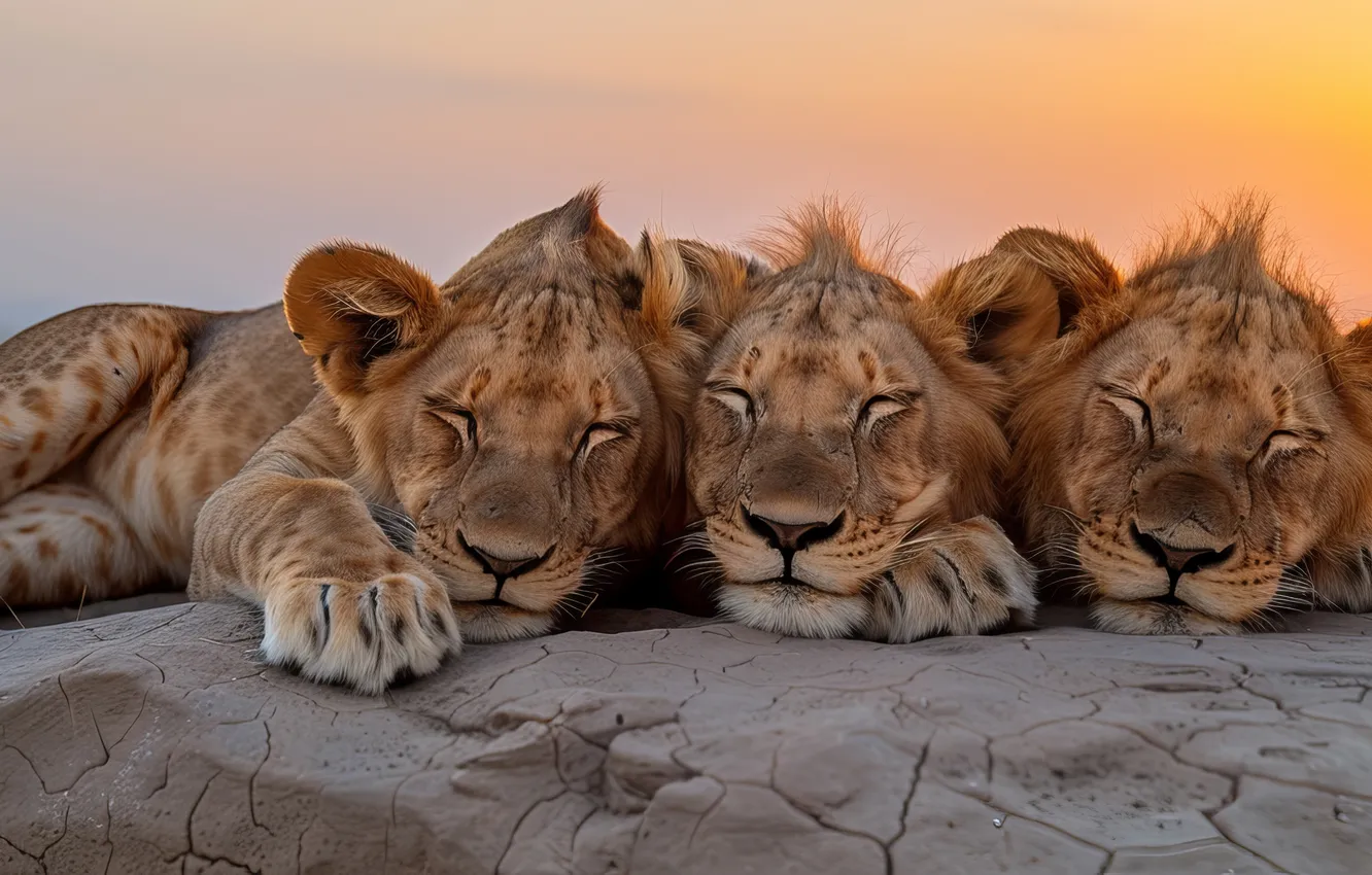 Photo wallpaper The sun, Dawn, Lions, Three, Front, Digital art, Predators, Big Cats