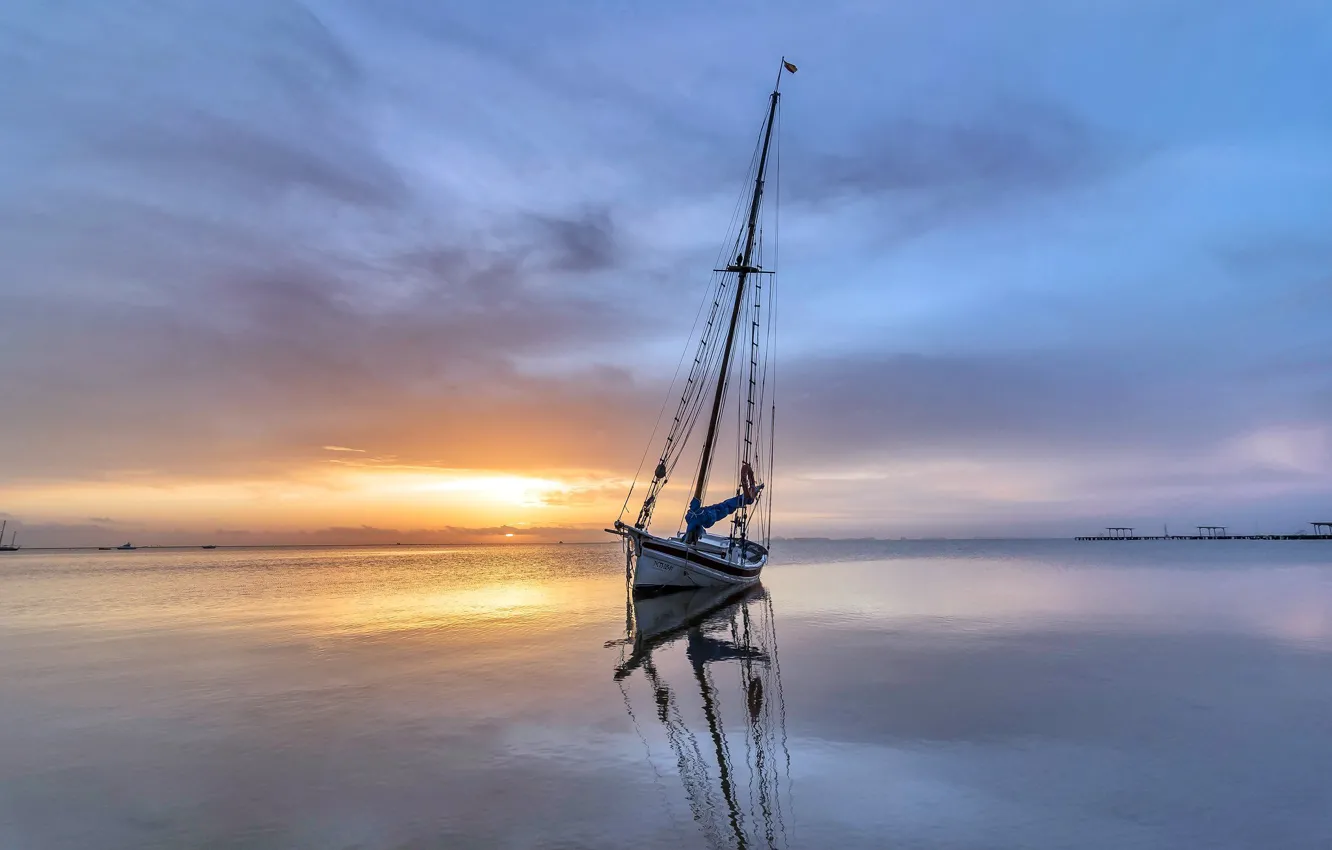 Photo wallpaper sea, sunset, boat