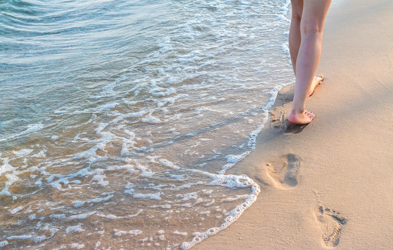Photo wallpaper sand, sea, wave, beach, summer, traces, stay, feet