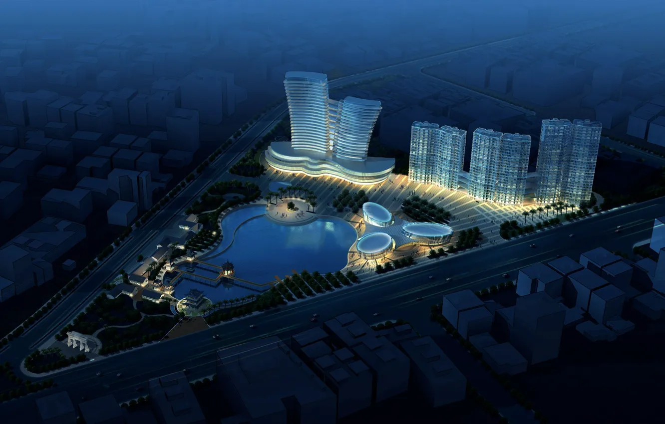 Photo wallpaper road, building, pool, the project