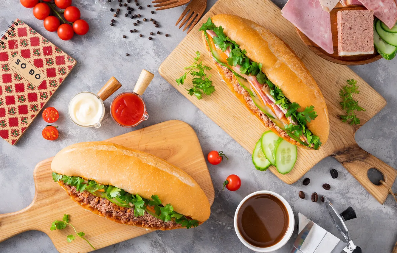 Photo wallpaper coffee, vegetables, tomatoes, sauce, sandwich, cucumbers, ham