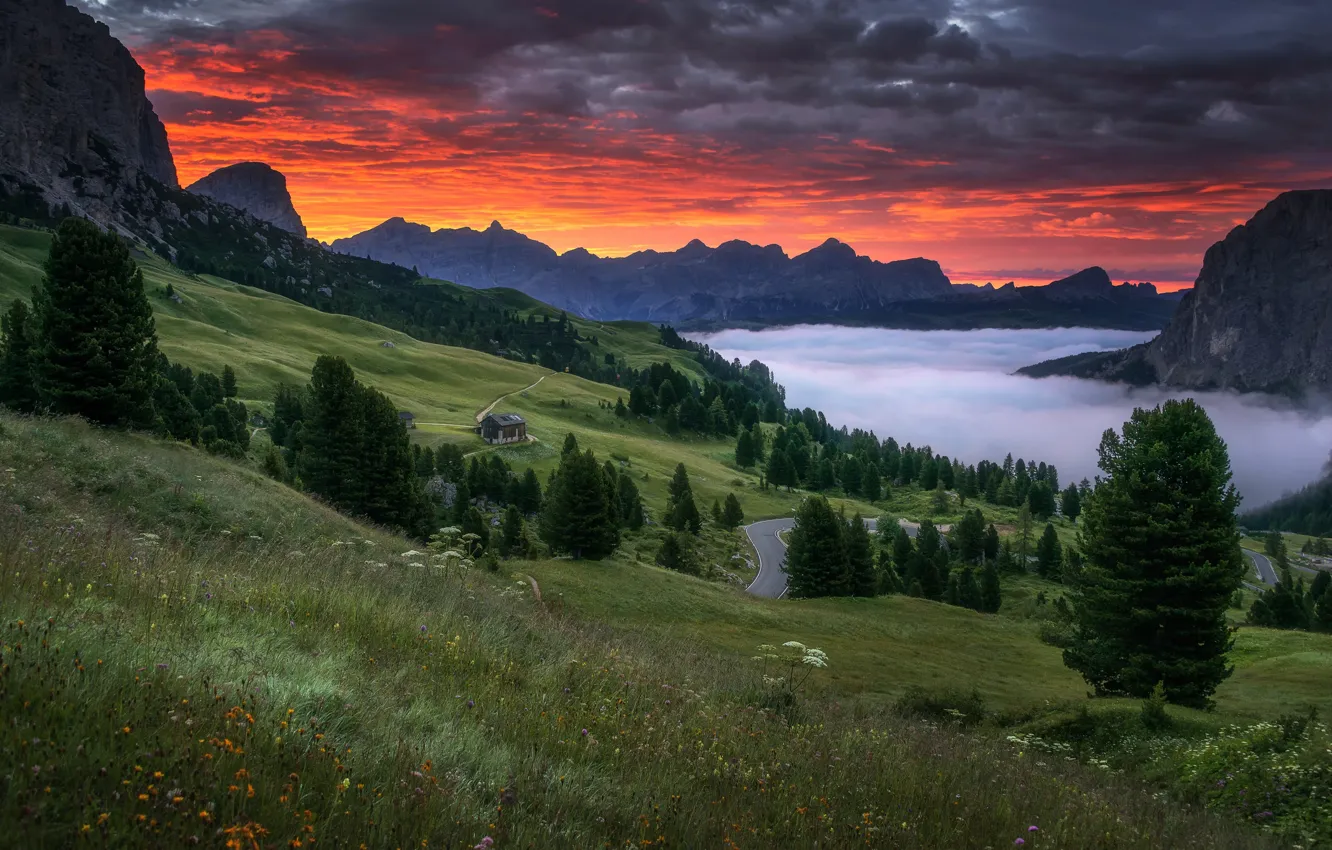 Photo wallpaper summer, clouds, trees, mountains, the evening, Alps, meadows