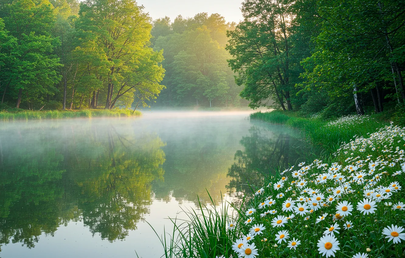 Photo wallpaper water, trees, flowers, river, shore, morning, haze, river