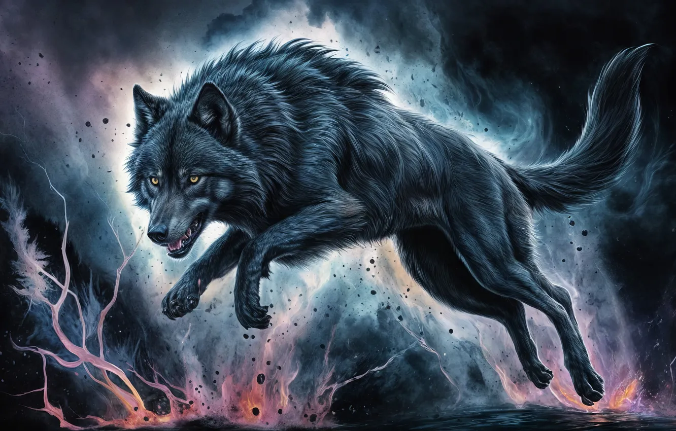 Photo wallpaper light, jump, wolf