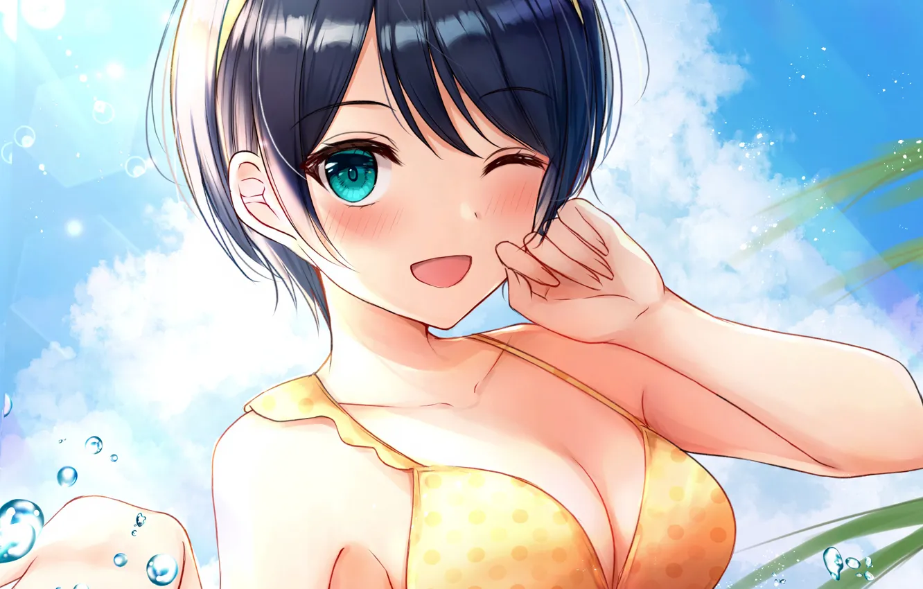 Photo wallpaper girl, sexy, cleavage, boobs, anime, beautiful, short hair, pretty