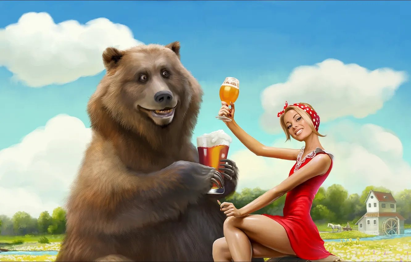 Photo wallpaper girl, Art, bear, beer, funny, picture, weekend, Situation