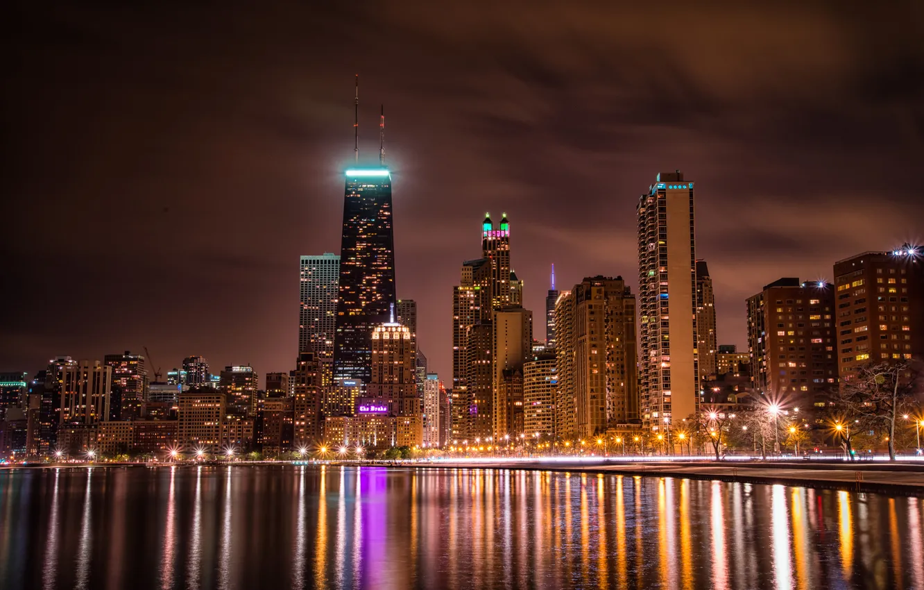Photo wallpaper Night, Chicago, Skyscrapers, USA, Chicago, skyline, urban, nightscape