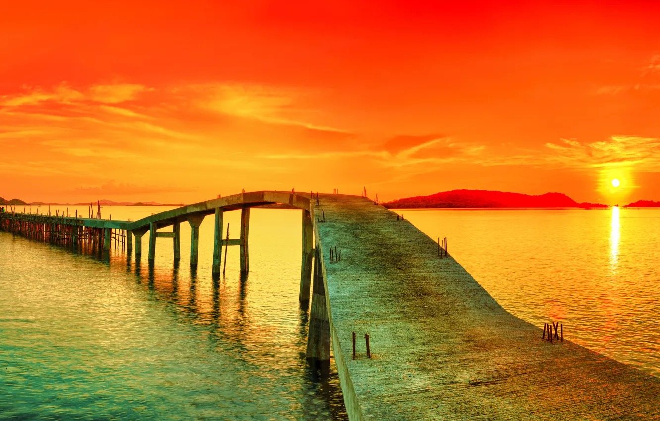 Photo wallpaper sunset, red, bridge, panorama