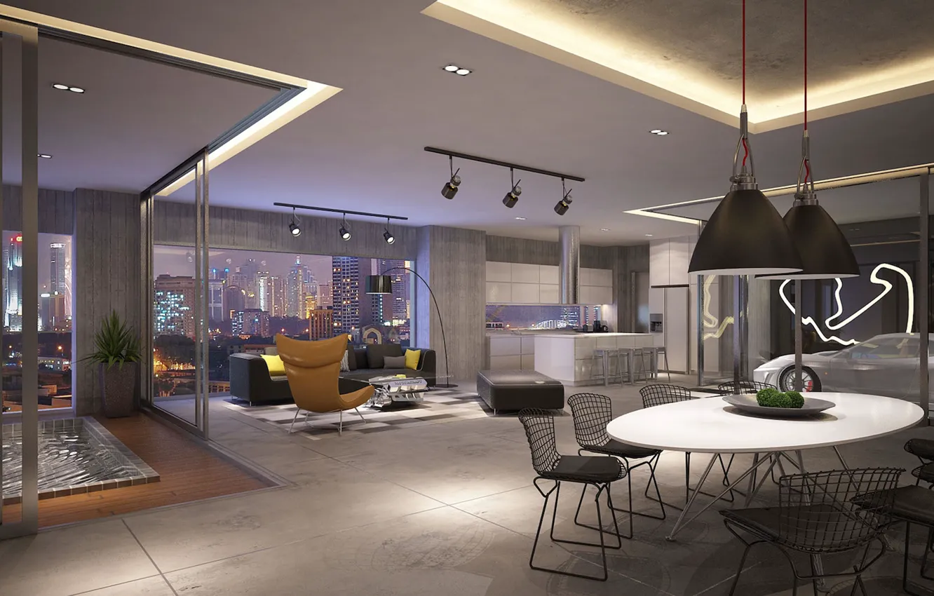 Photo wallpaper design, style, interior, garage, pool, kitchen, megapolis, living room