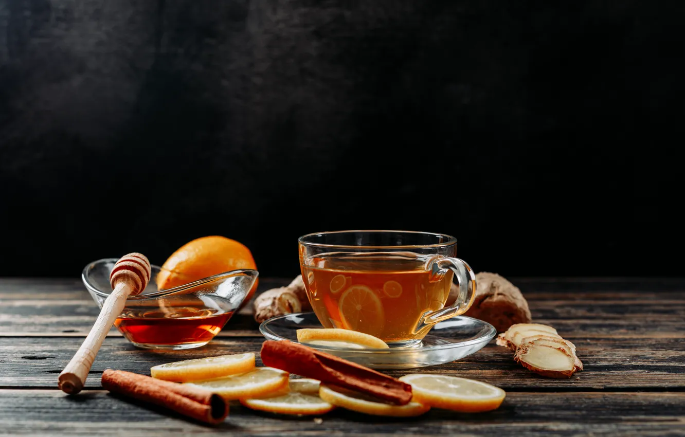Photo wallpaper tea, orange, honey, Cup, cinnamon, a spoon for honey