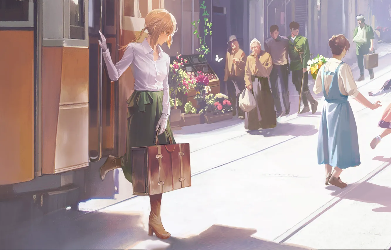 Photo wallpaper road, girl, flowers, the city, people, tram, suitcase