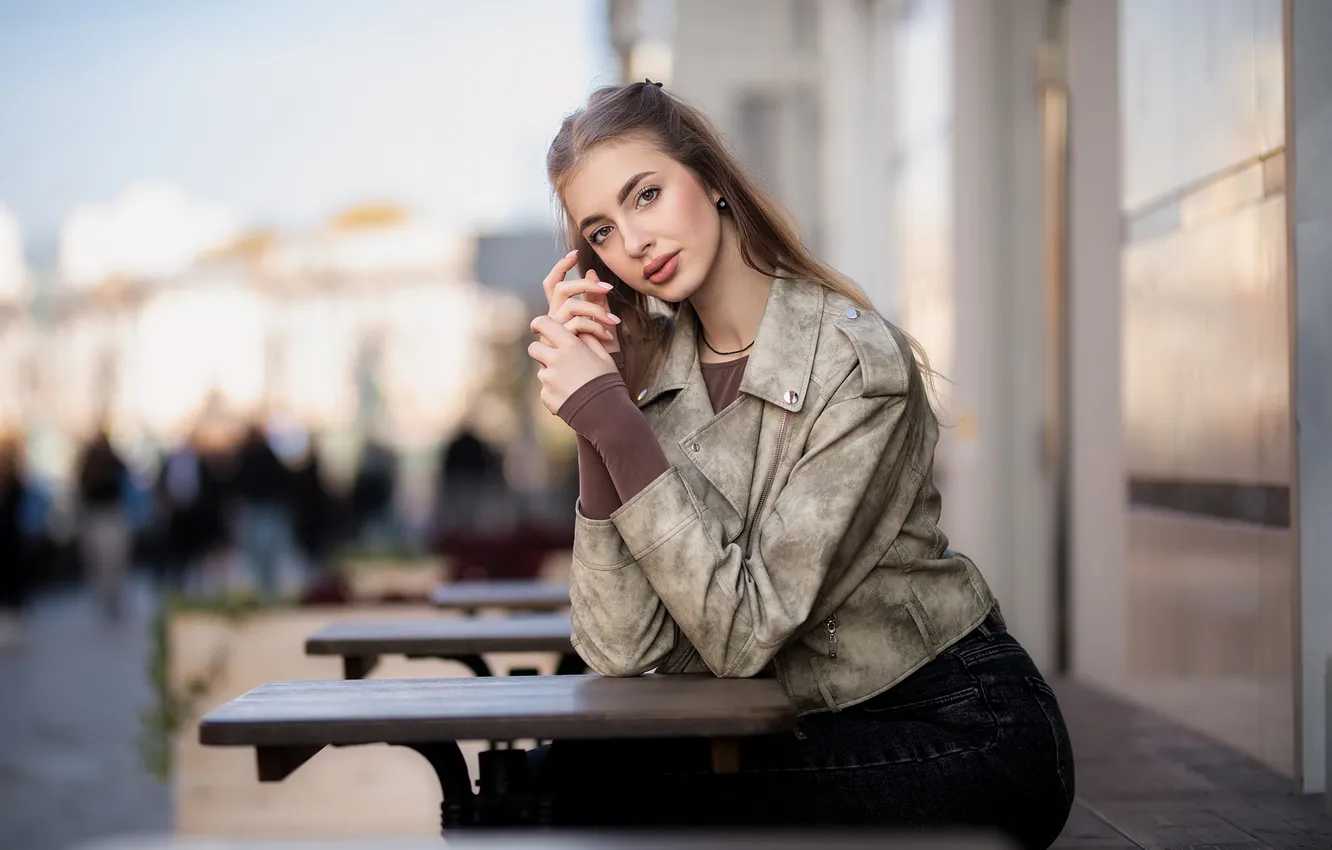 Photo wallpaper look, girl, pose, hands, jacket, long hair, table, Dmitry Shulgin
