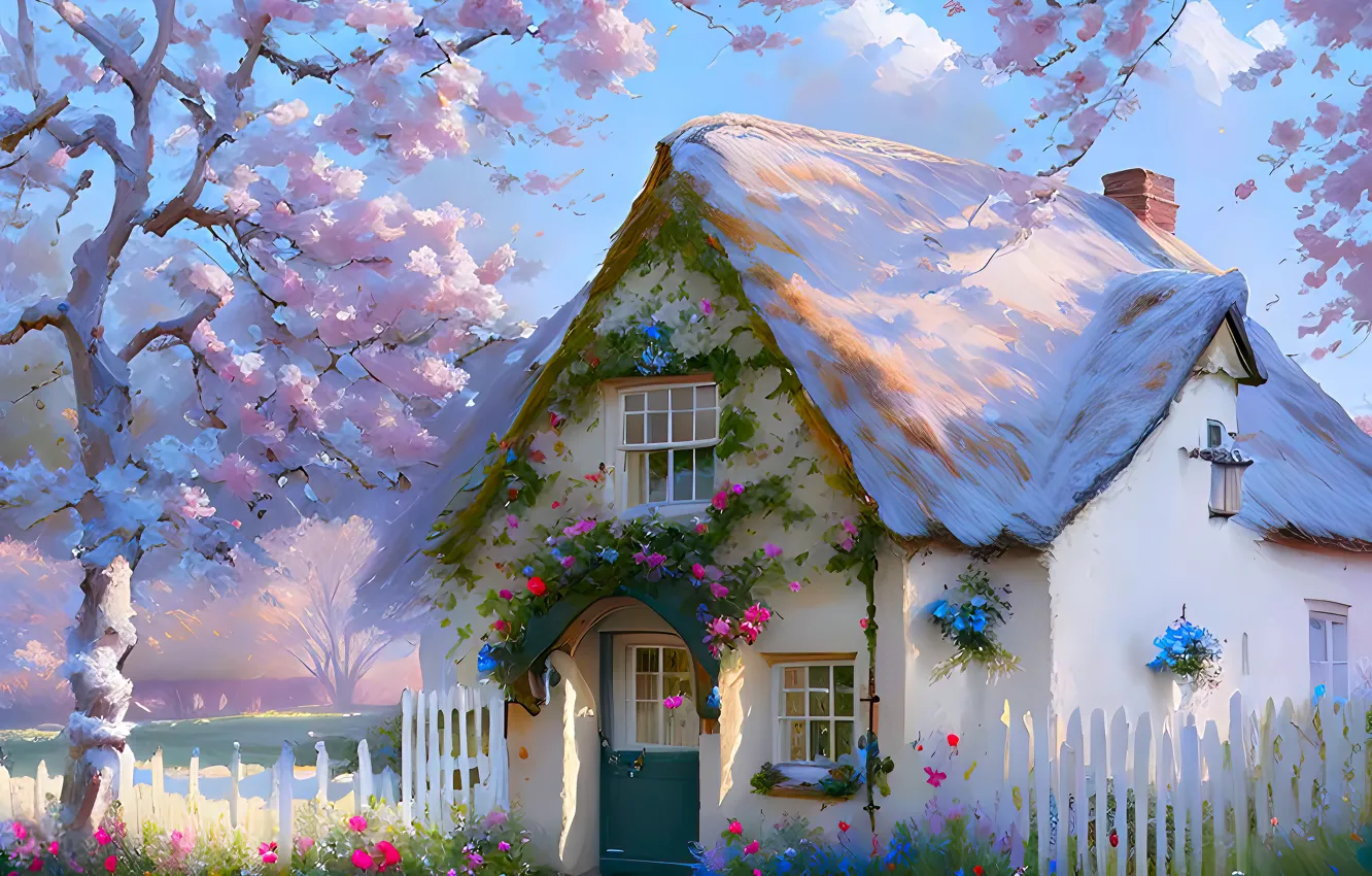 Photo wallpaper roof, light, landscape, flowers, nature, comfort, blue, the fence