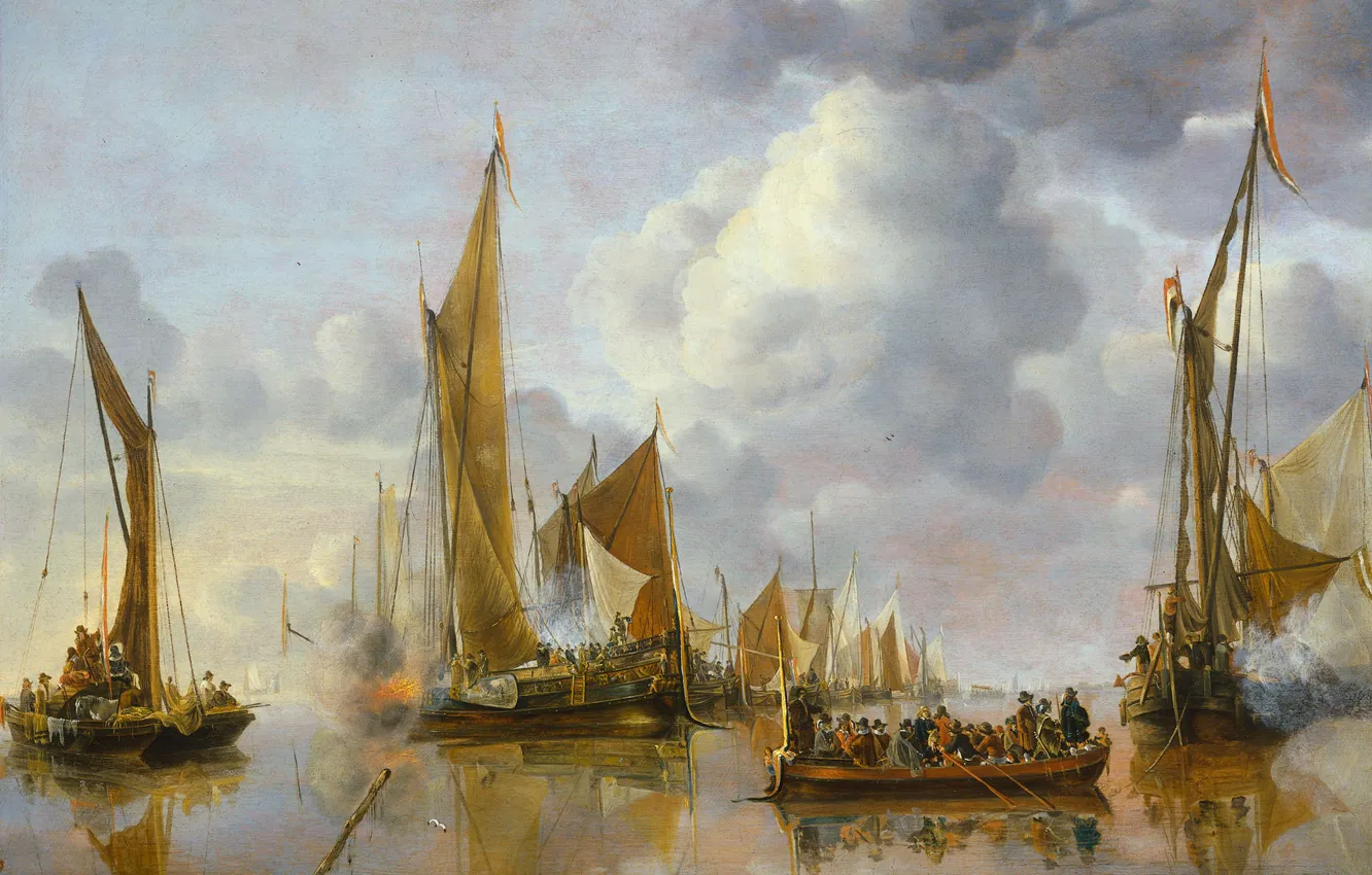 Photo wallpaper ship, picture, sail, seascape, Jan van de Capelle, Salute to the Government Sloop