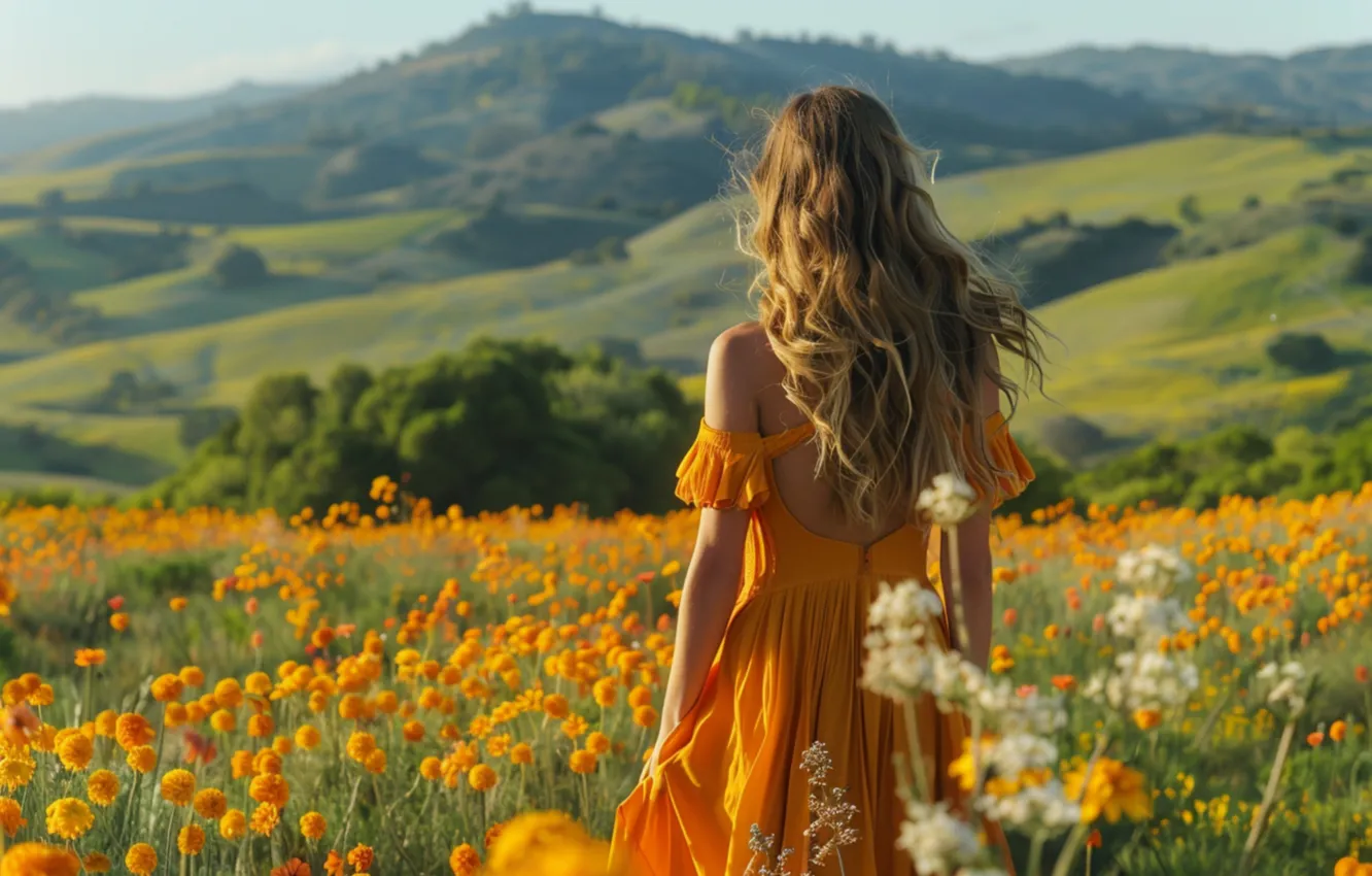 Photo wallpaper field, summer, girl, flowers, nature, dress, meadow, is back