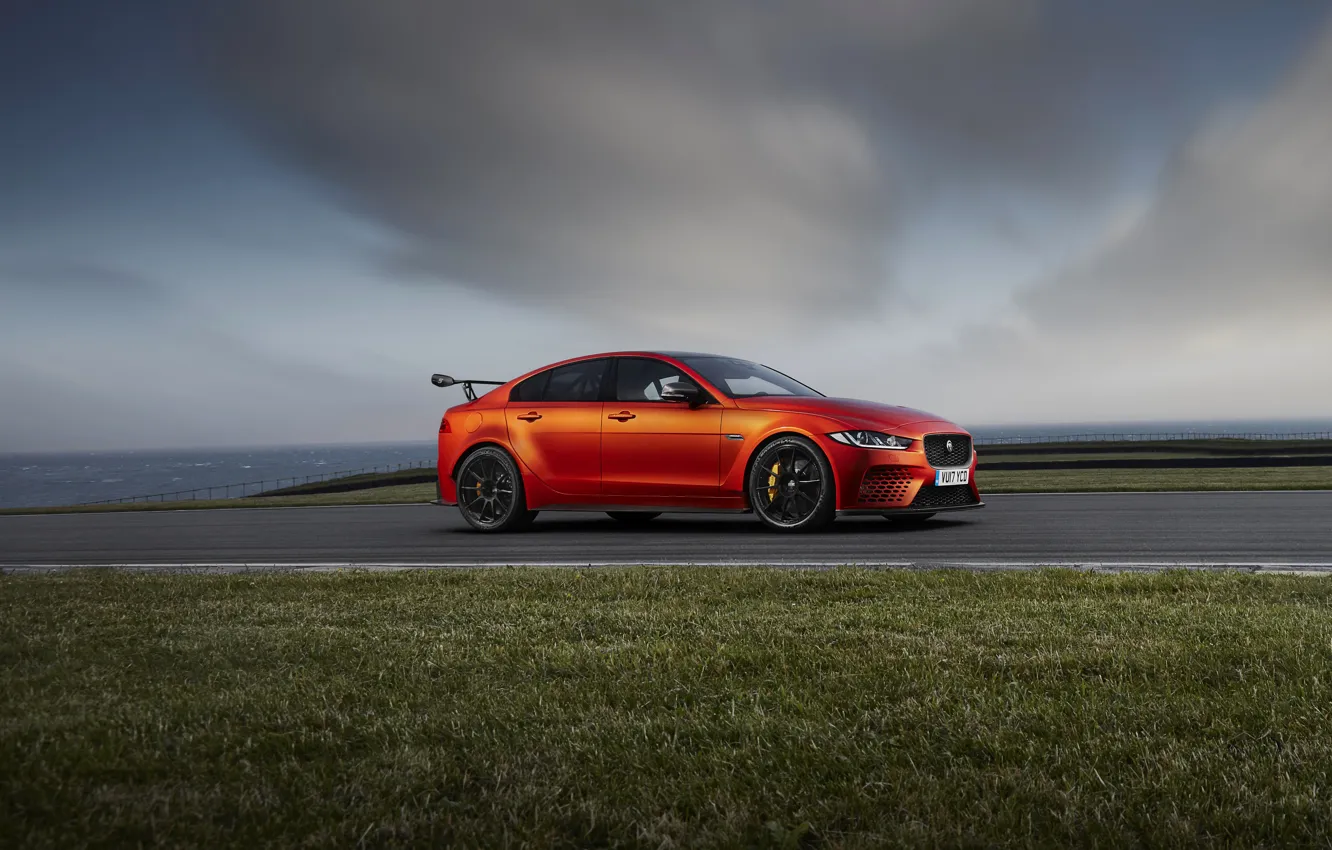 Photo wallpaper grass, orange, Jaguar, side view, 2017, XE SV Project 8