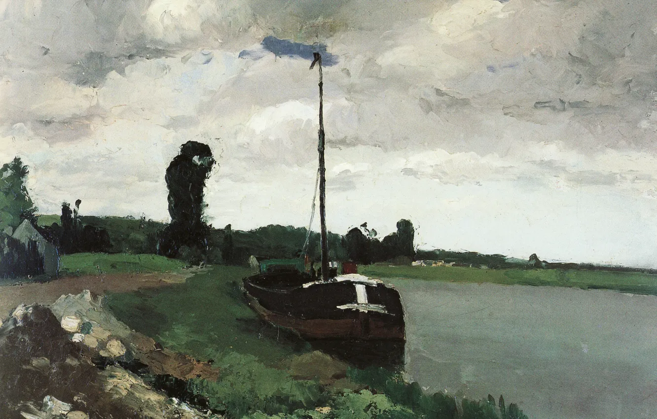 Photo wallpaper landscape, picture, Camille Pissarro, The Banks Of The River. PONTOISE