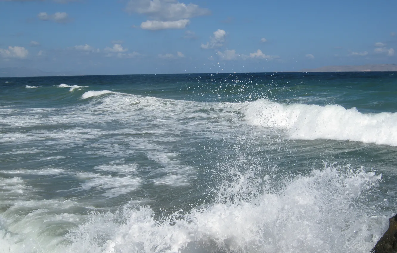 Photo wallpaper wave, the sky, clouds, squirt, The Cretan sea