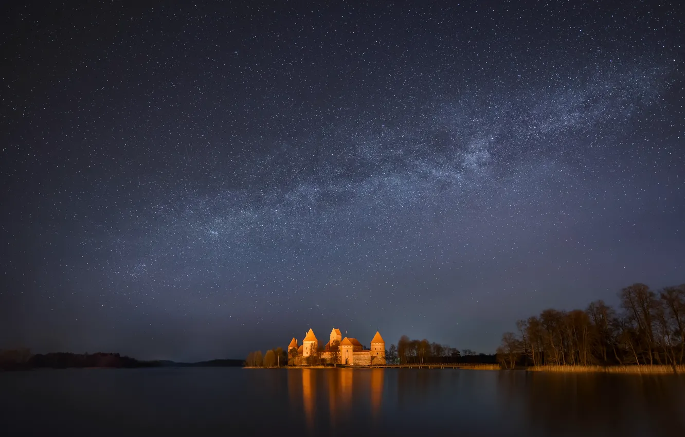 Photo wallpaper the sky, stars, trees, night, lake, The Milky Way, Lithuania, Trakai castle