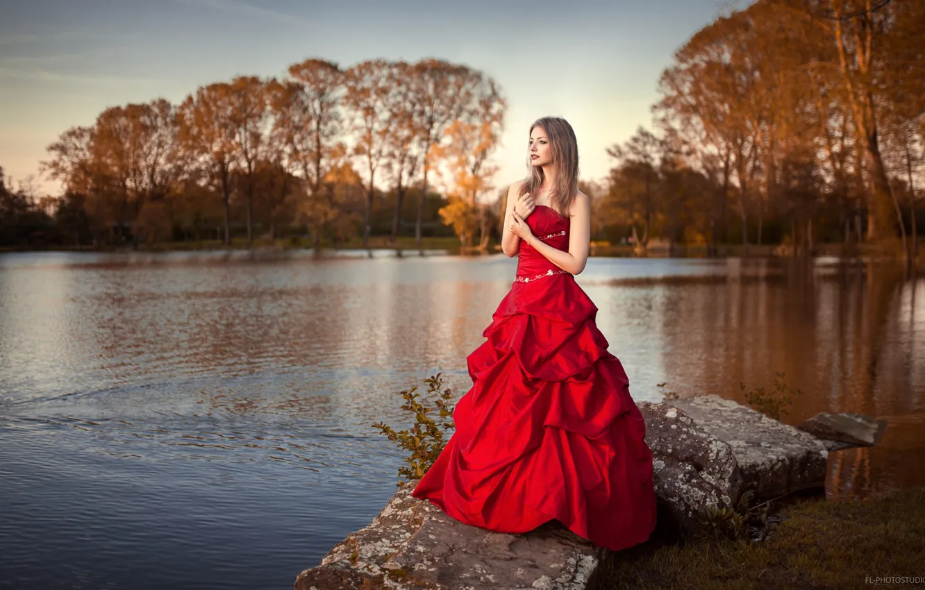 Photo wallpaper autumn, grass, girl, the sun, trees, sunset, nature, pond