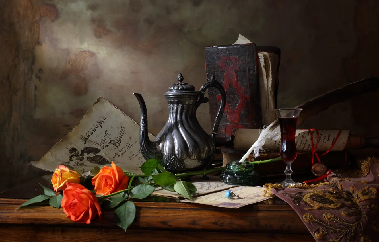 Photo wallpaper style, art, Still life with teapot and roses, Still life with tea and roses