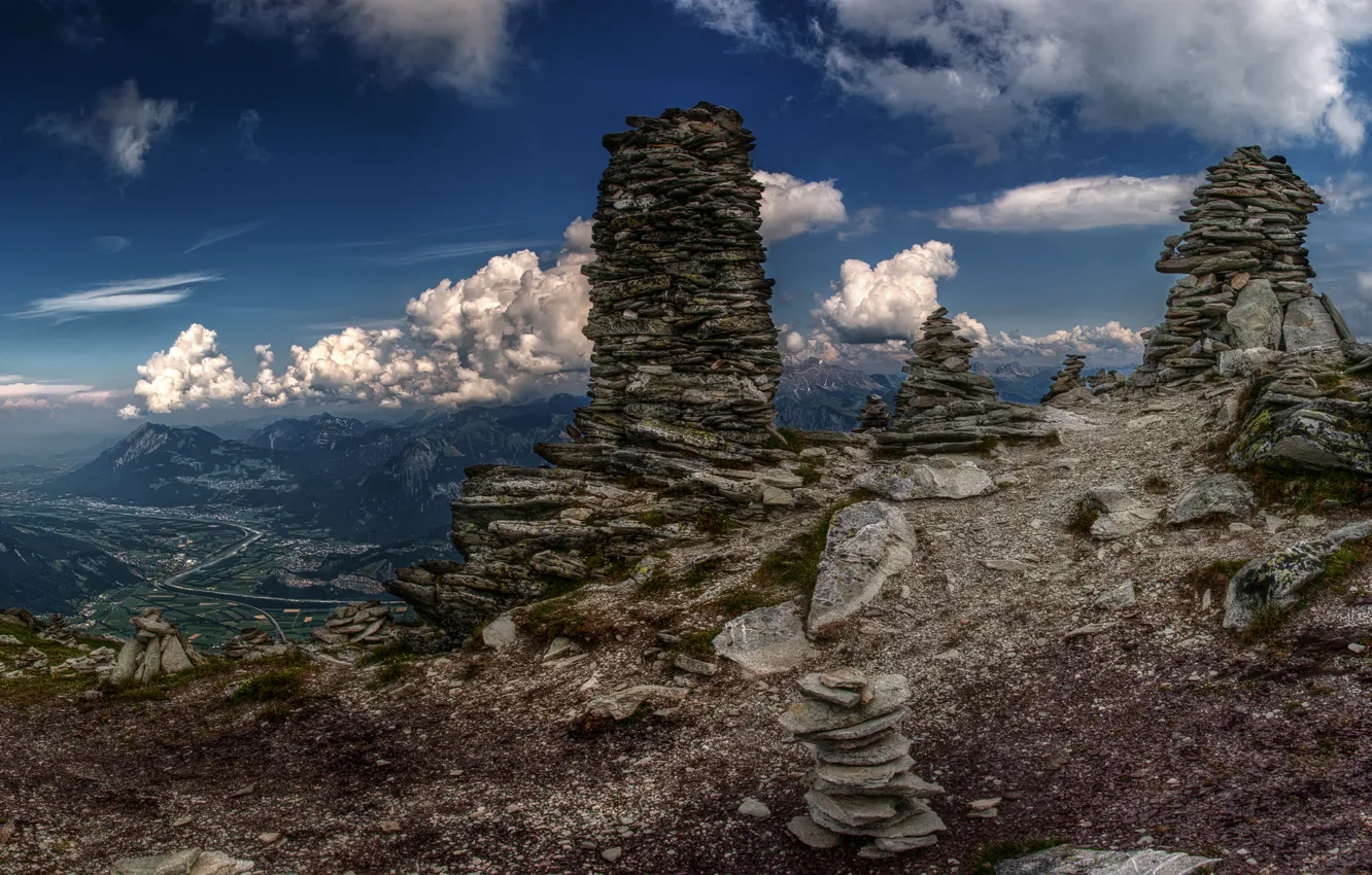 Photo wallpaper the sky, clouds, mountains, stones, pyramid