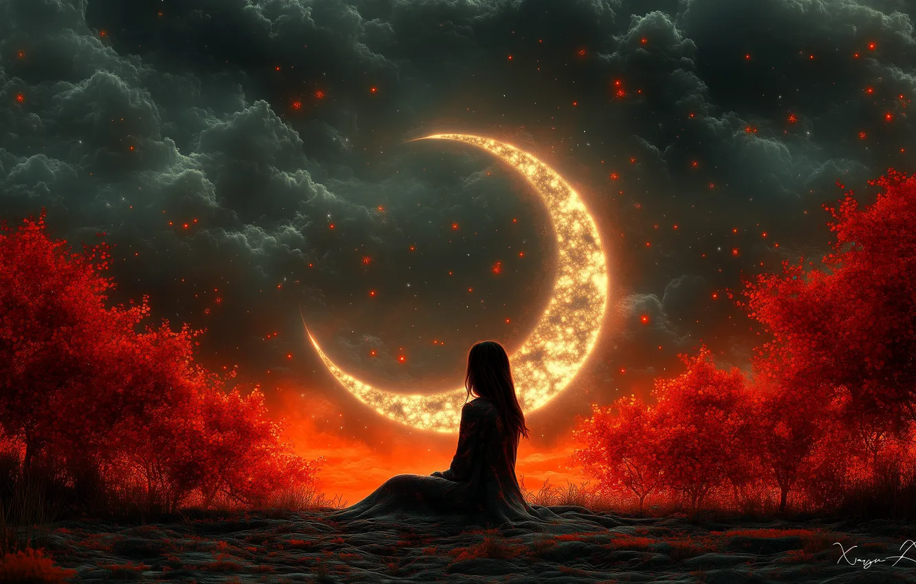 Photo wallpaper the sky, clouds, night, a month, silhouette of a girl