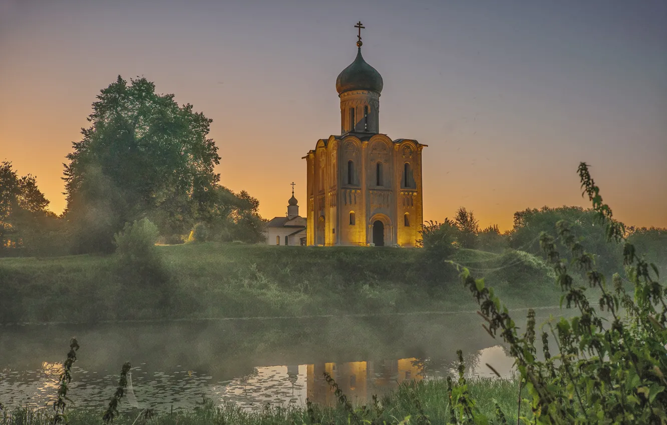 Photo wallpaper landscape, nature, river, dawn, morning, temple, Nerl