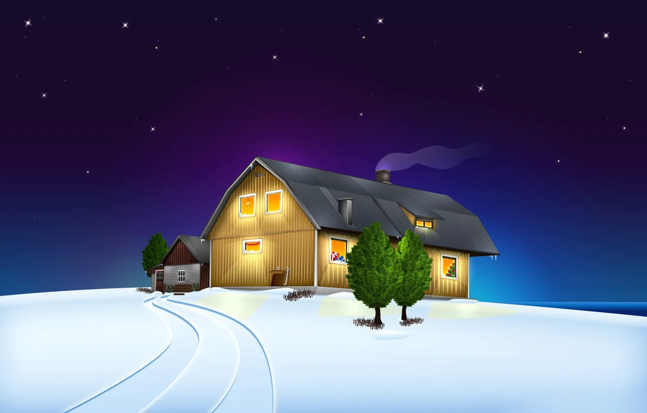 Photo wallpaper winter, the sky, stars, snow, landscape, night, house, Christmas