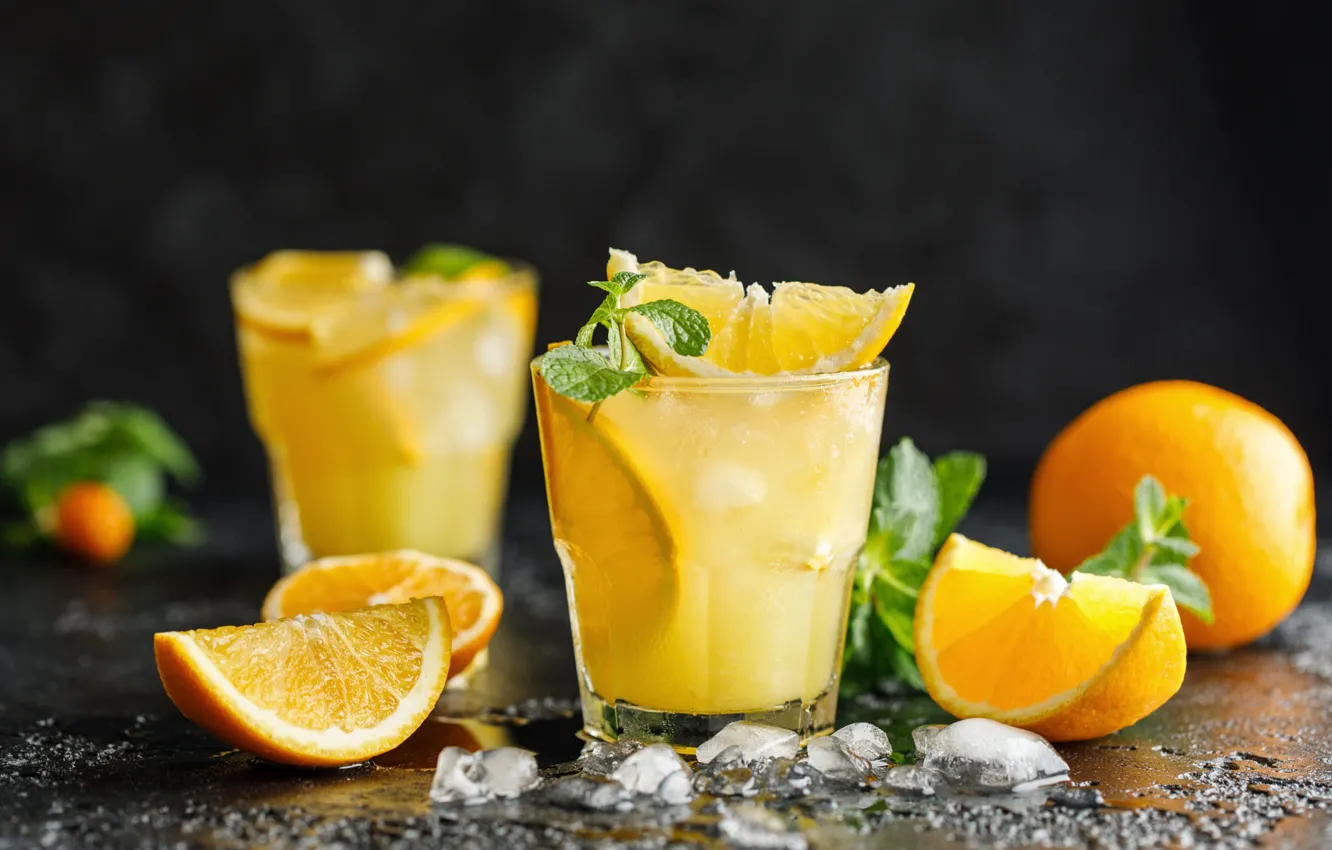 Photo wallpaper ice, oranges, juice, glasses, slices, orange juice, ice cubes