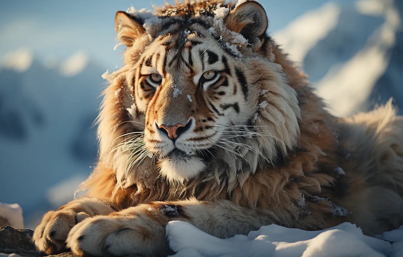 Photo wallpaper winter, look, face, snow, tiger, predator, big cat, digital art