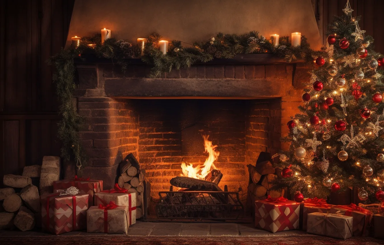 Photo wallpaper decoration, room, gift, balls, tree, new year, interior, Christmas