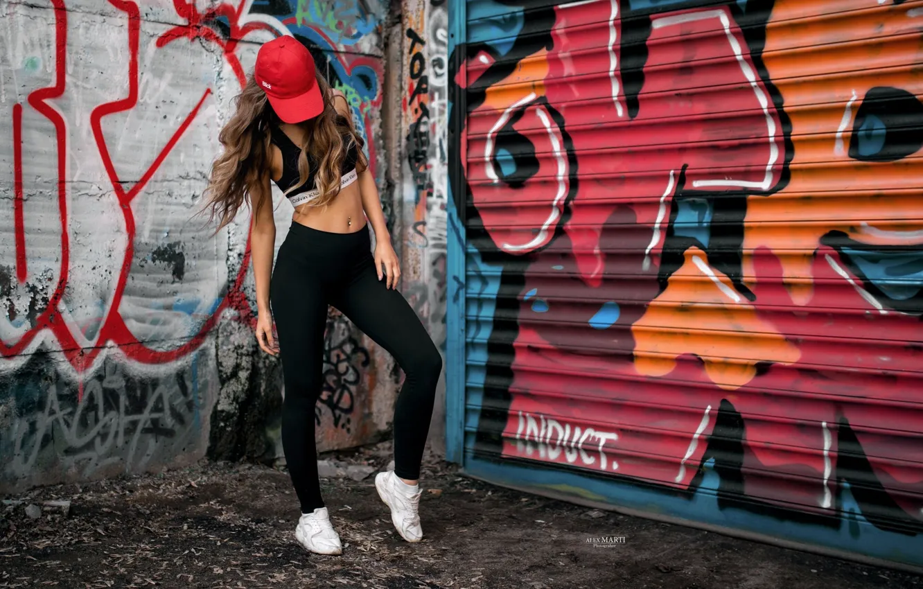 Photo wallpaper wall, graffiti, figure, cap, t-shirt, sneakers, leggings, Alex Marti