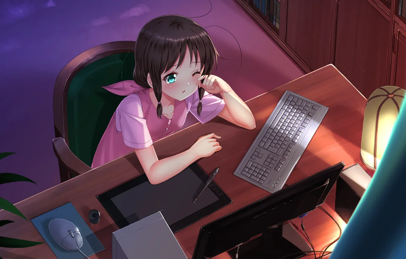 Photo wallpaper computer, girl, mouse, chair, handle, keyboard, sitting, screen