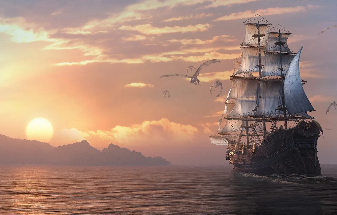 Photo wallpaper sea, sunset, dragon, ship, sailboat, art, Dragon Eternity, dragons of eternity