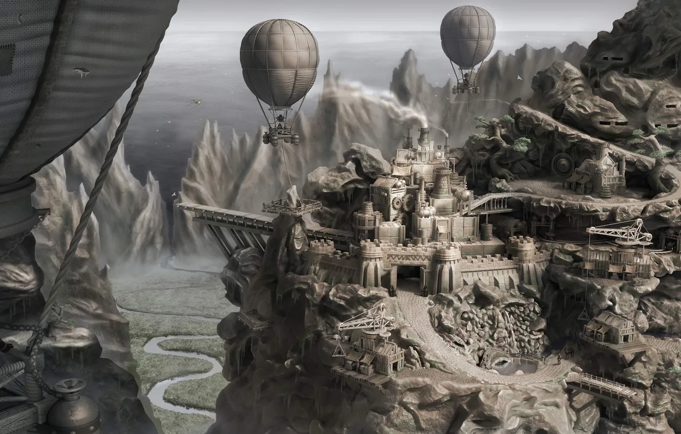 Photo wallpaper the city, river, balloons, rocks, valley, art