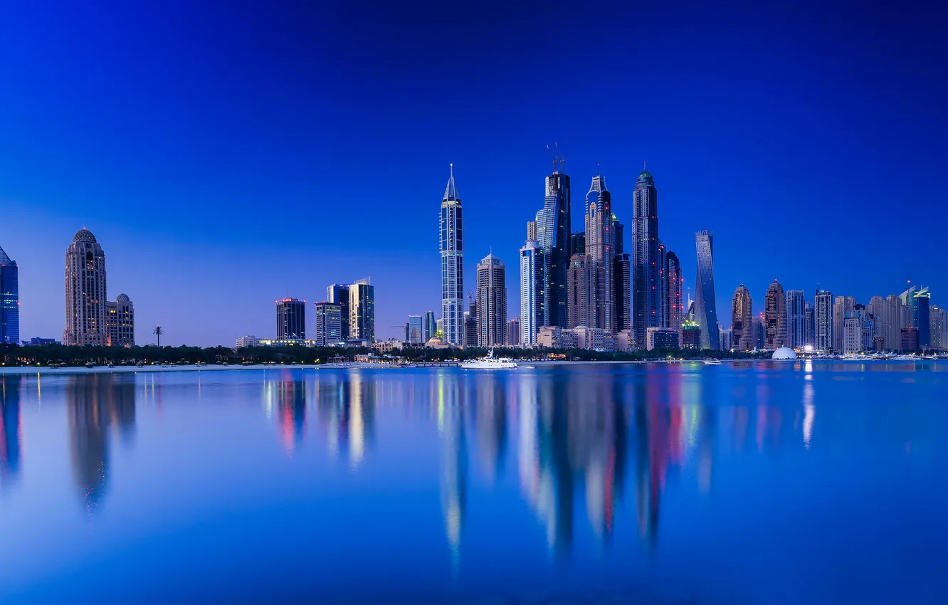Photo wallpaper sea, the sky, landscape, lights, reflection, home, the evening, Dubai