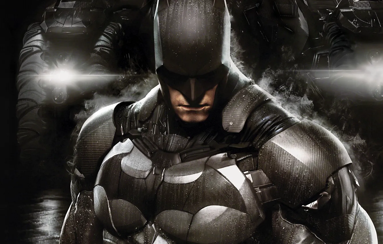 Photo wallpaper drops, lights, smoke, armor, fighter, equipment, defender, Bruce Wayne