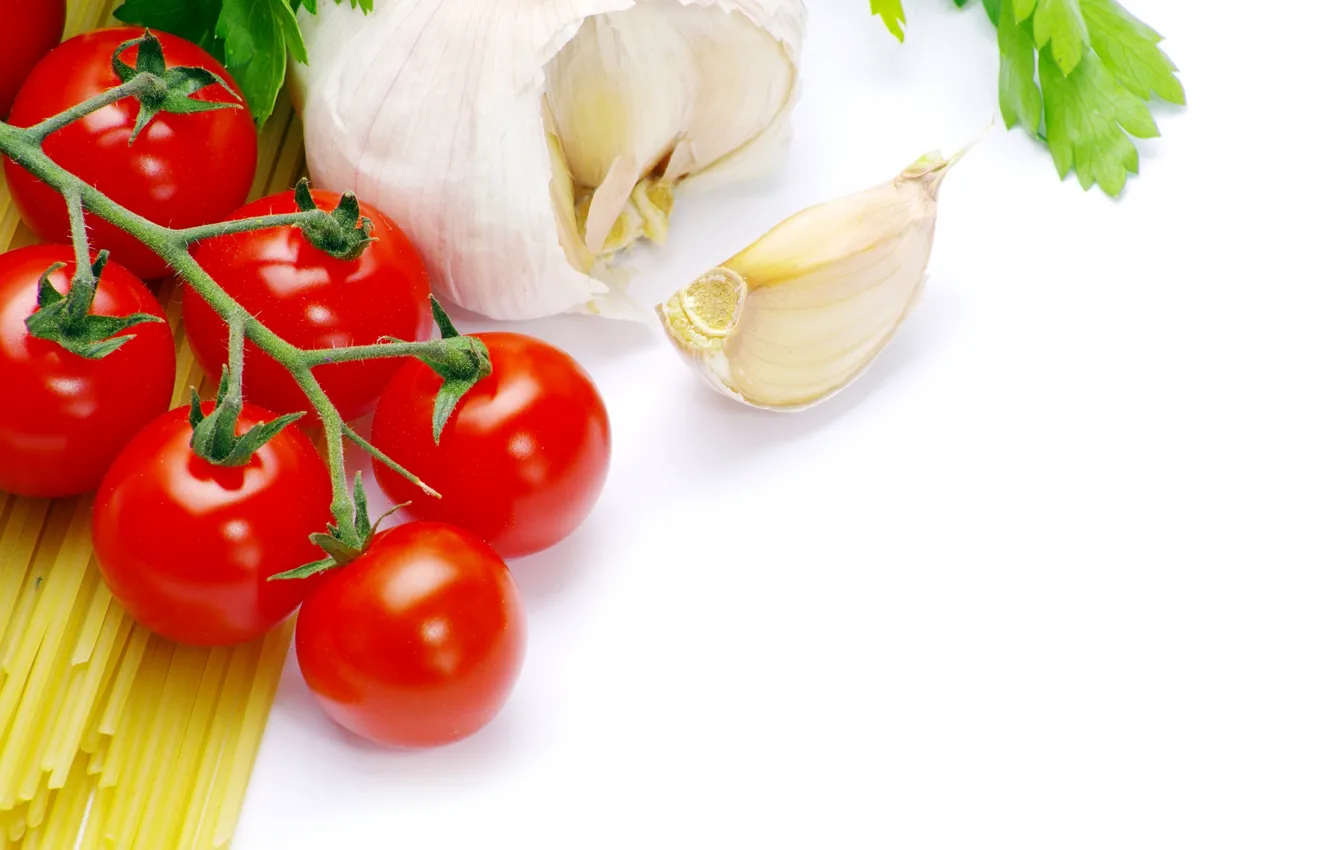 Photo wallpaper white background, vegetables, tomatoes, spaghetti, garlic