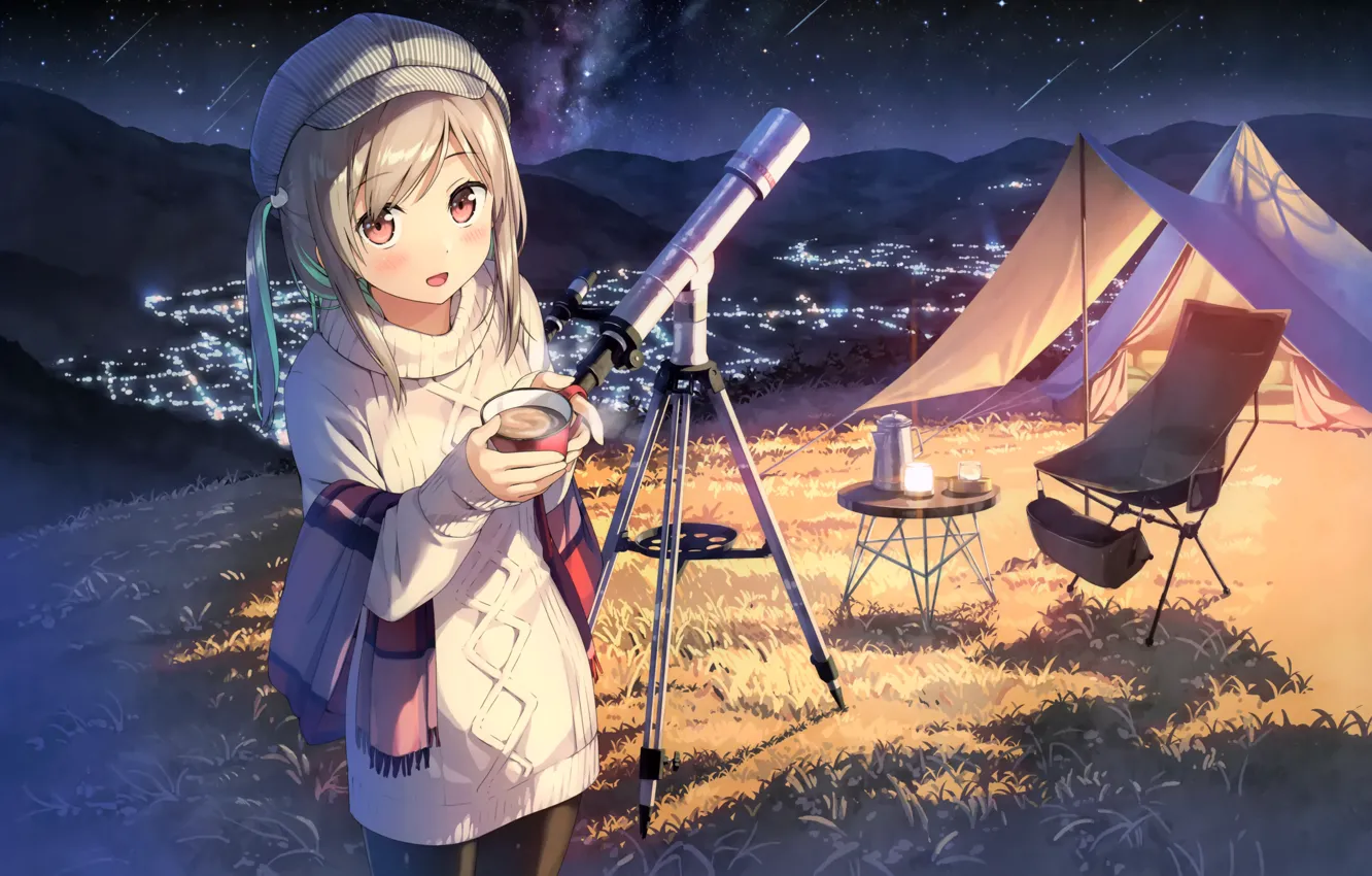 Photo wallpaper lights, tent, cap, telescope, sun loungers, sweater, starry sky, warm clothes