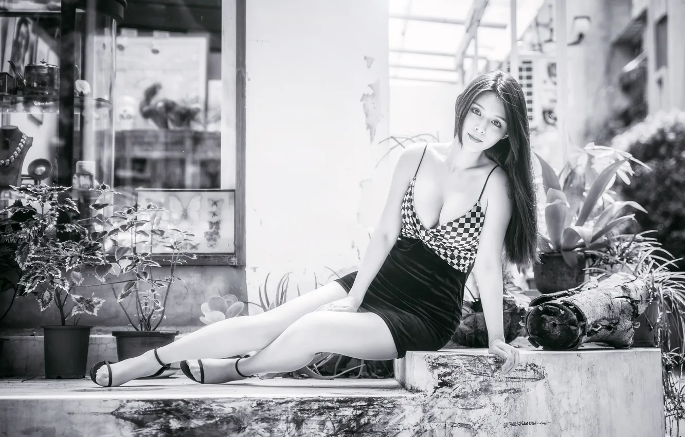 Photo wallpaper girl, dress, black and white, legs, Asian